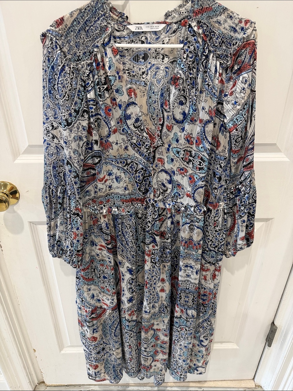 Zara Blue, White & Red Paisley V-Neck Tiered Midi Dress